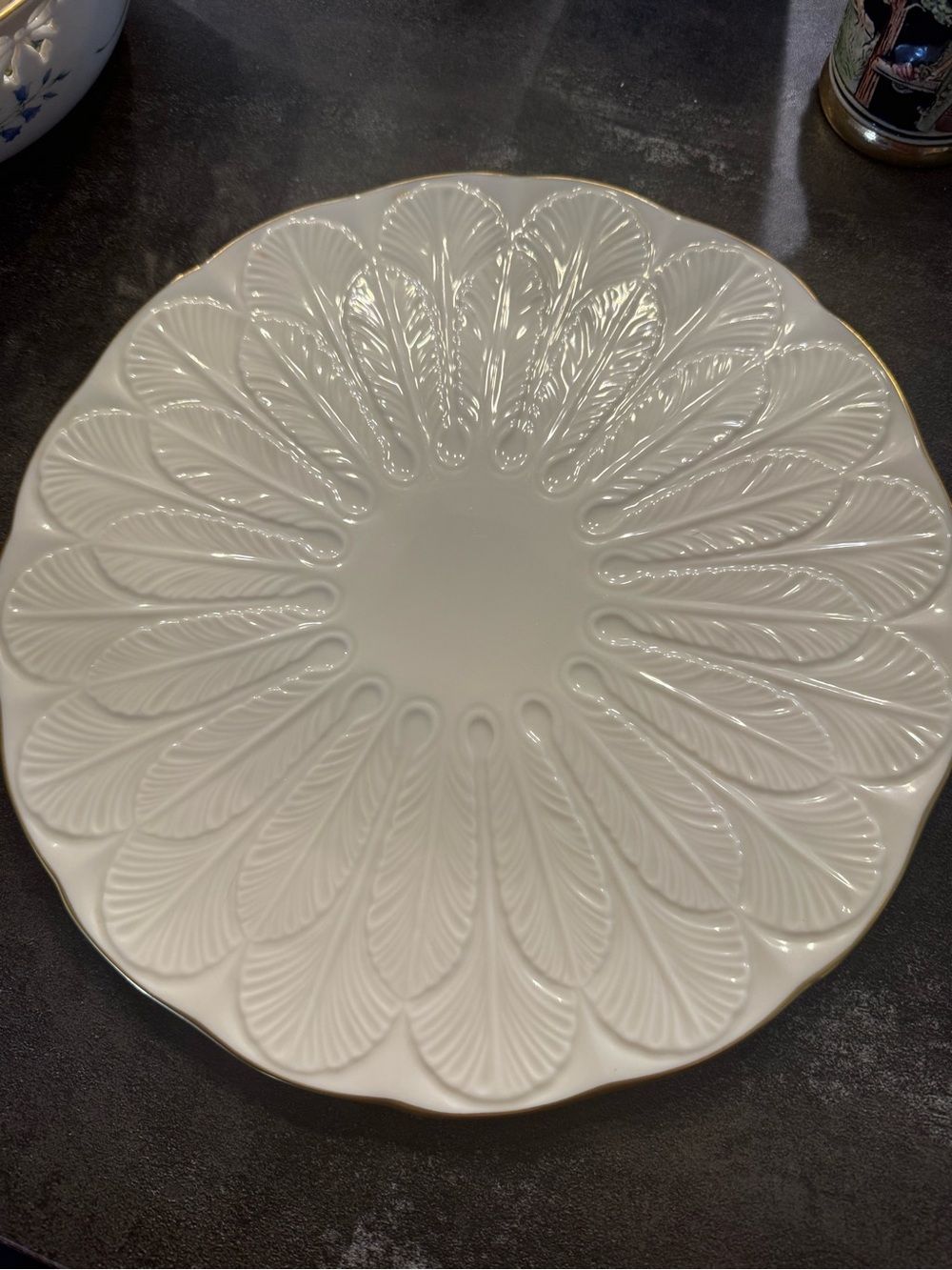 Lenox White Ceramic Embossed Feather Plate with Gold Trim